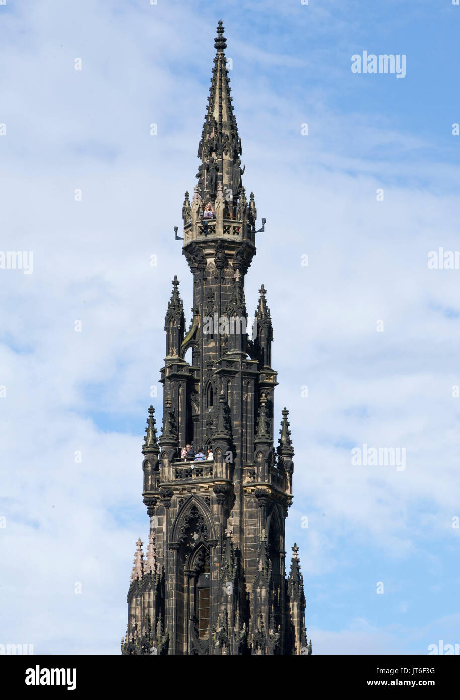 The top of Scott Monument in Edinburgh city centre. The Scott Monument is a Victorian Gothic monument to Scottish author Sir Walter Scott. Stock Photo