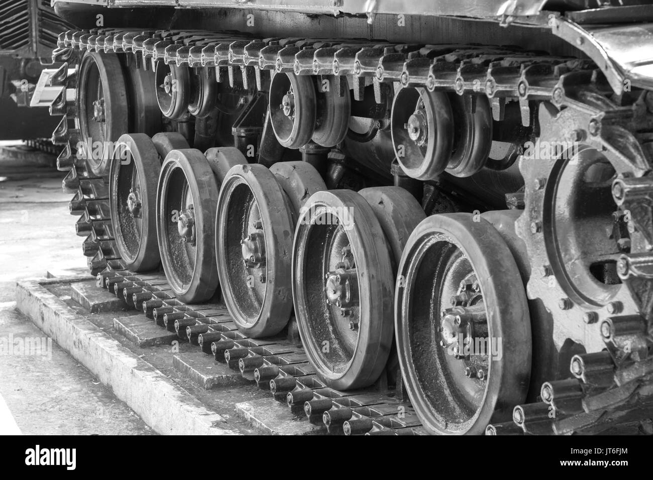 closeup of military tank wheels Stock Photo