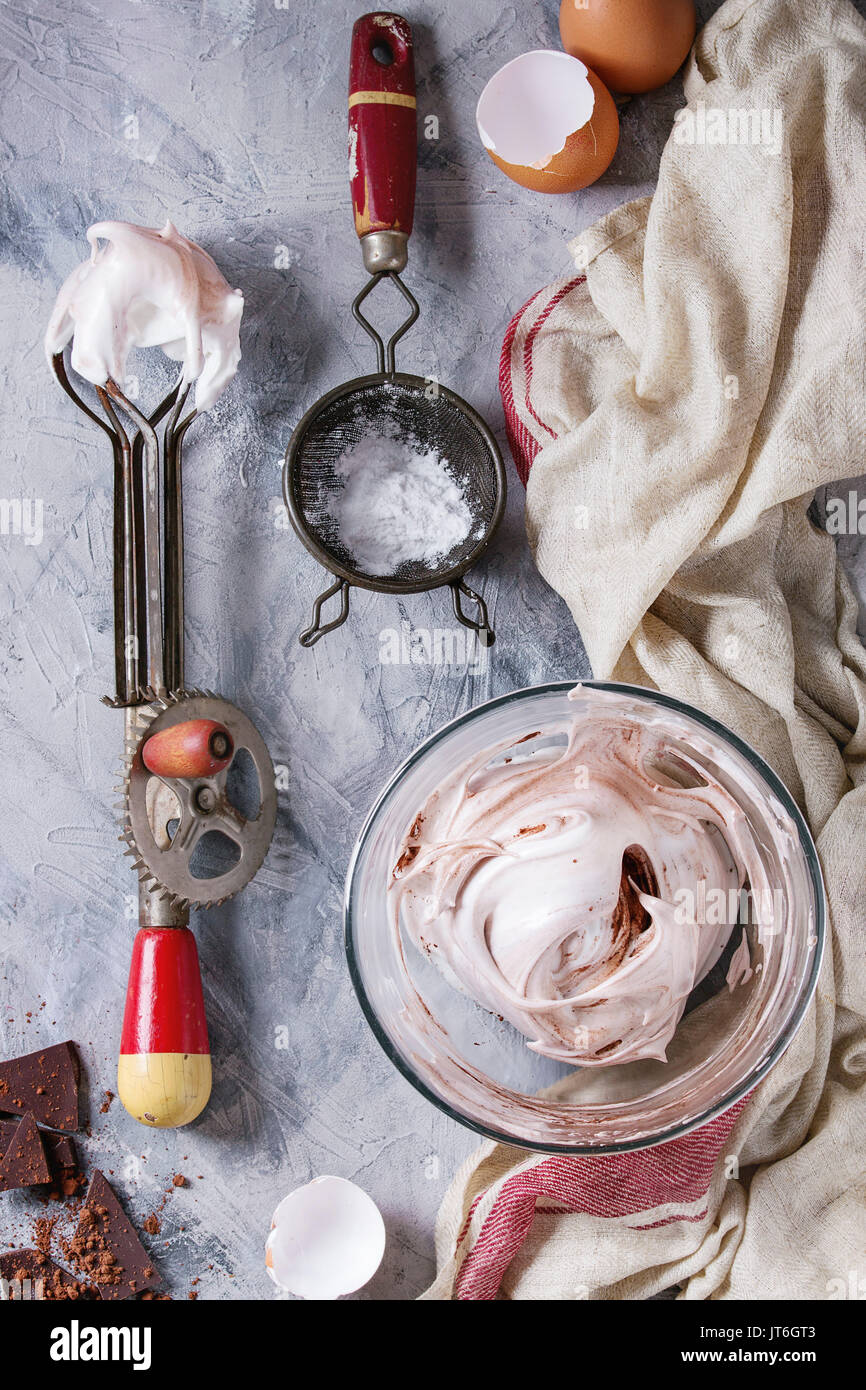 Ingredients and utensils for cooking meringue. Whipped egg whites