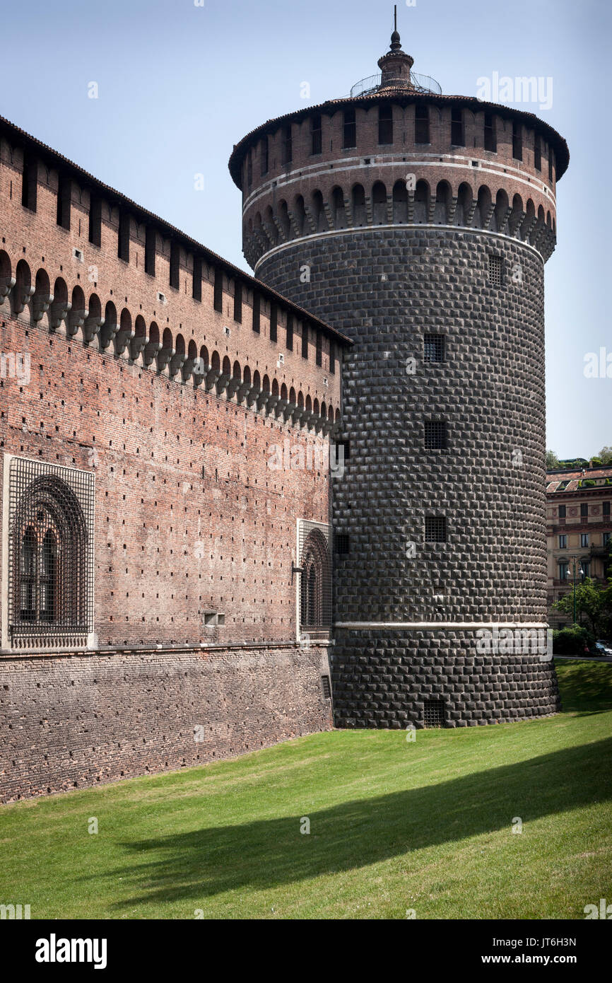 Milan, Italy - 24 May 2009: Moat and Guard tower of Sforza Castle Stock Photo