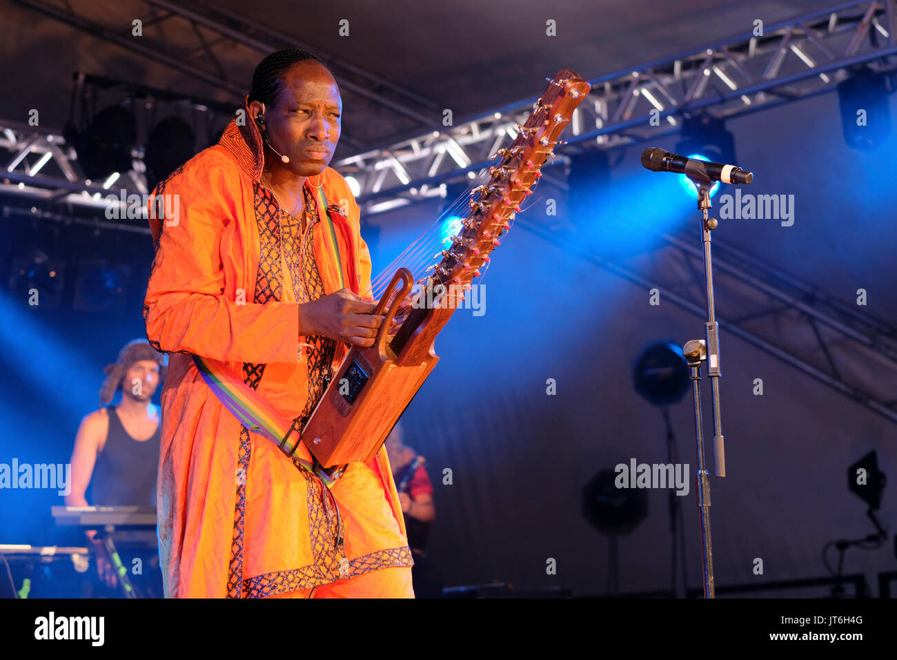 N'Faly Kouyate of the Afro Celt Sound System performing at the WOMAD Festival, Charlton Park, Malmesbury, Wiltshire, England, July 29, 2017 Stock Photo