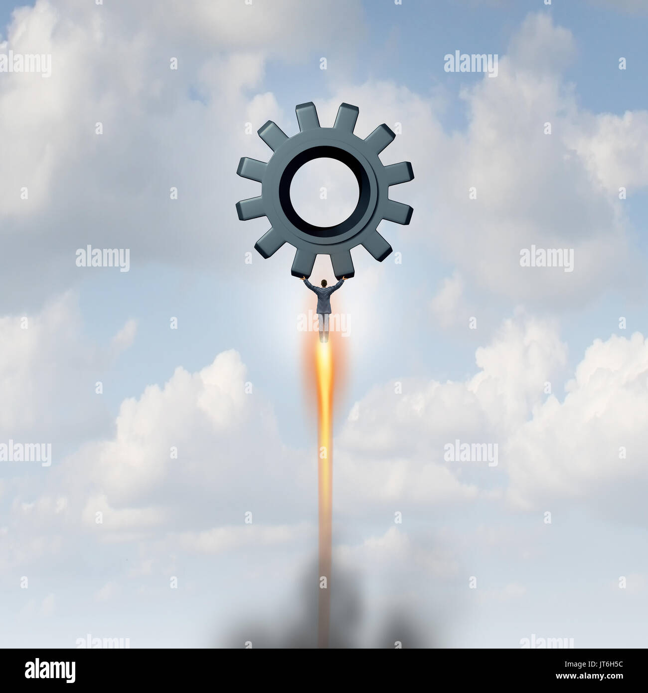 Business fast service as a businessman flying upward as a rocket representing efficient cloud management or financial corporate assistance. Stock Photo