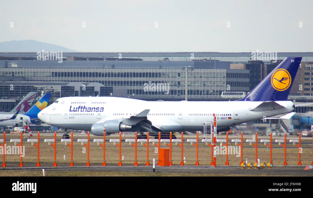 FRANKFURT, GERMANY - FEB 28th, 2015: The Lufthansa Boeing 747 - MSN 28287 - D-ABVT, named Rheinland Pfalz going to take off at Frankfurt International Airport FRA. The famous and powerfull aircraft nicknamed as Jumbo has first flight in 1969. The type largest operators are British Airways, Lufthansa, Korean Air and China Airlines Stock Photo