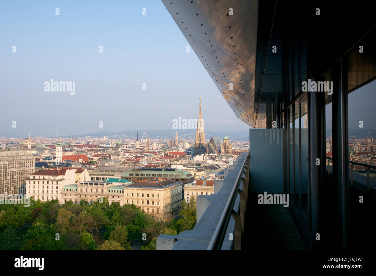 VIENNA, AUSTRIA - APR 29th, 2017: Beautiful view of famous St. Stephen's Cathedral Wiener Stephansdom at Stephansplatz in the early morning from a near by Hotel, aerial view Stock Photo