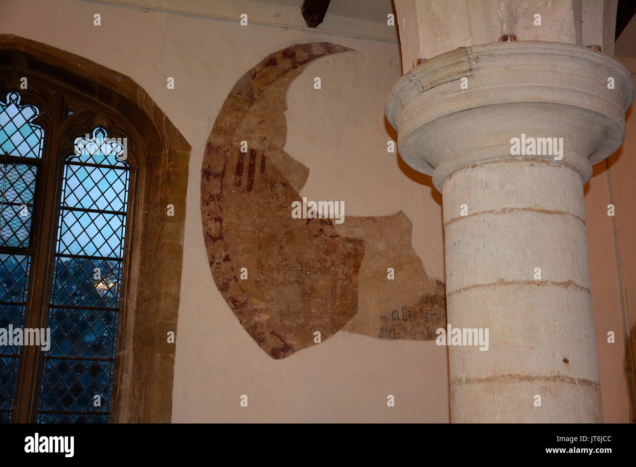 Mar0078330   One of the medieval wall paintings at All Saints Church at Braunston in Rutland, where bats are roosting and causing damage. 3rd August 2017. Photos by John Robertson, Stock Photo