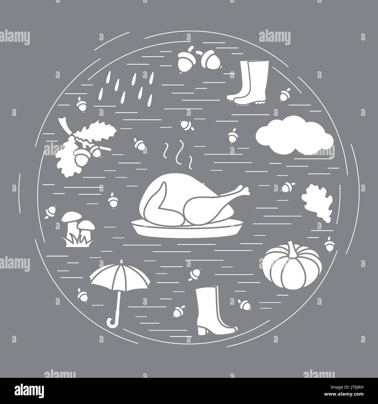 Autumn Symbols In Circle Umbrella Acorns Turkey Rain Pumpkin