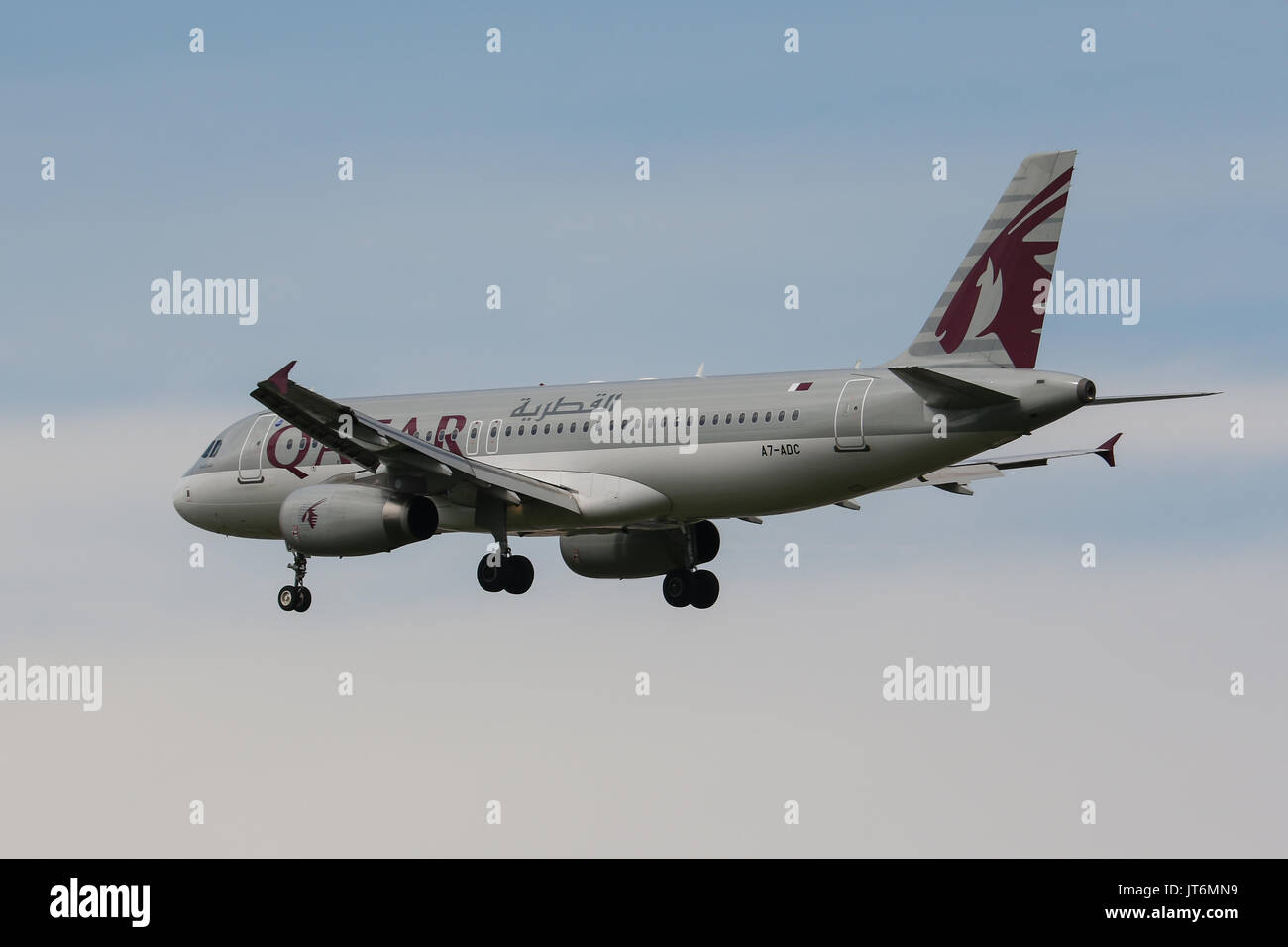 A Qatar Airways (Operating a British Airways flight) Airbus A320 lands