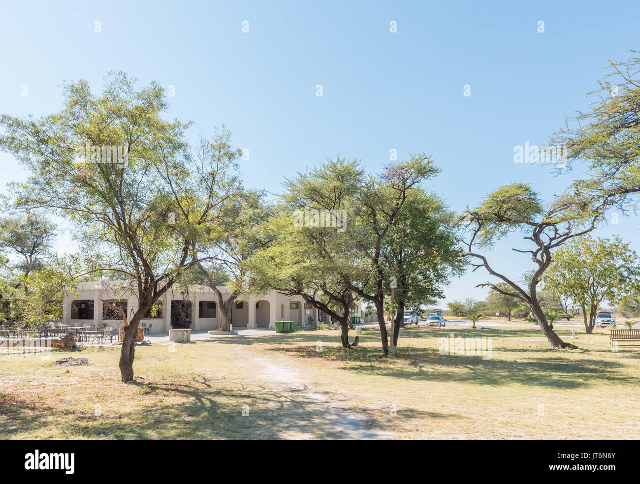 ETOSHA NATIONAL PARK, NAMIBIA - JUNE 21, 2017: A restaurant and supermarket in the Namutoni Rest Camp in the Etosha National Park, Namibia, built in 1 Stock Photo