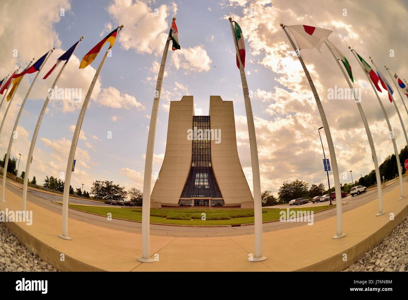 National flags of all participating nations at CERN, the European Organization for Nuclear Research at Fermilab in Batavia, Illinois, USA. Stock Photo