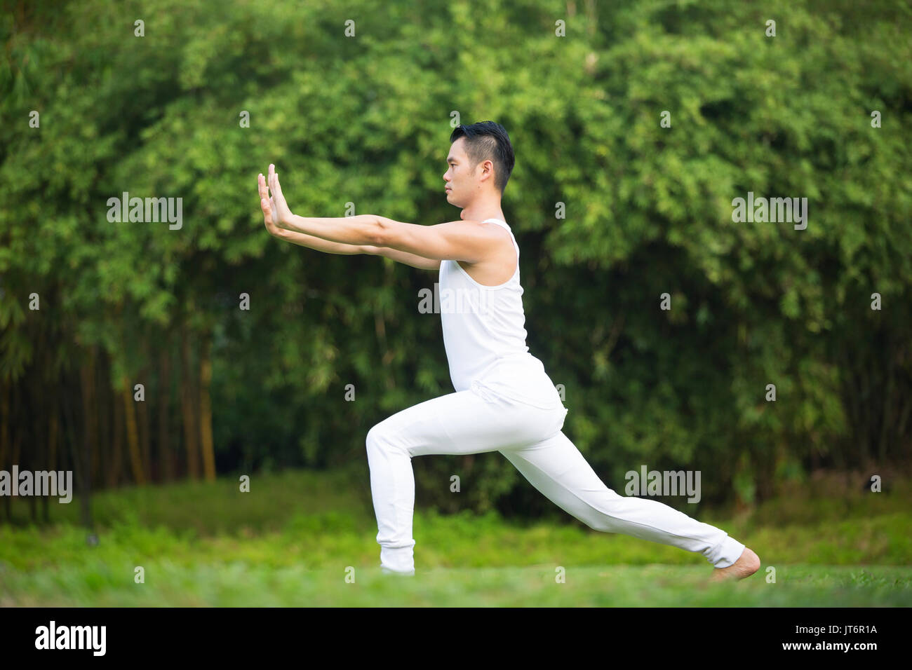 Asian man practicing Tai Chi in a garden. healthy lifestyle and relaxation Stock Photo