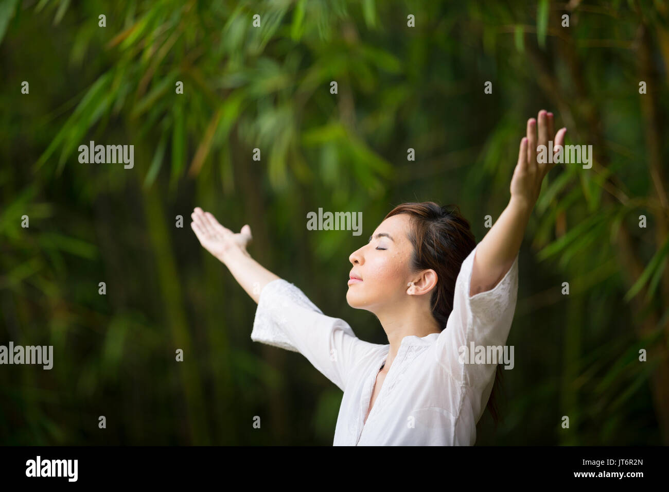 Asian woman practicing Tai Chi in a garden. healthy lifestyle and relaxation Stock Photo