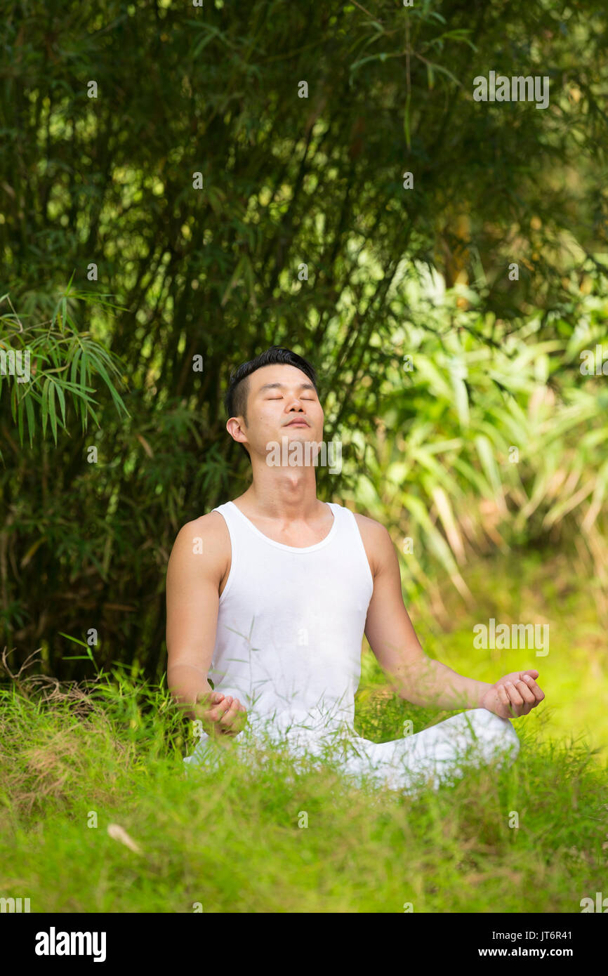 Asian man practicing yoga in a garden. healthy lifestyle and relaxation Stock Photo