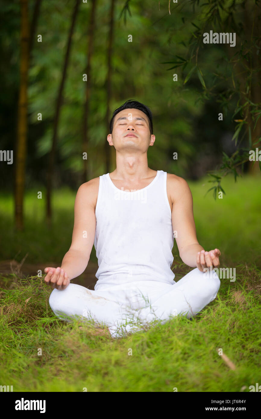 Asian man practicing yoga in a garden. healthy lifestyle and relaxation Stock Photo