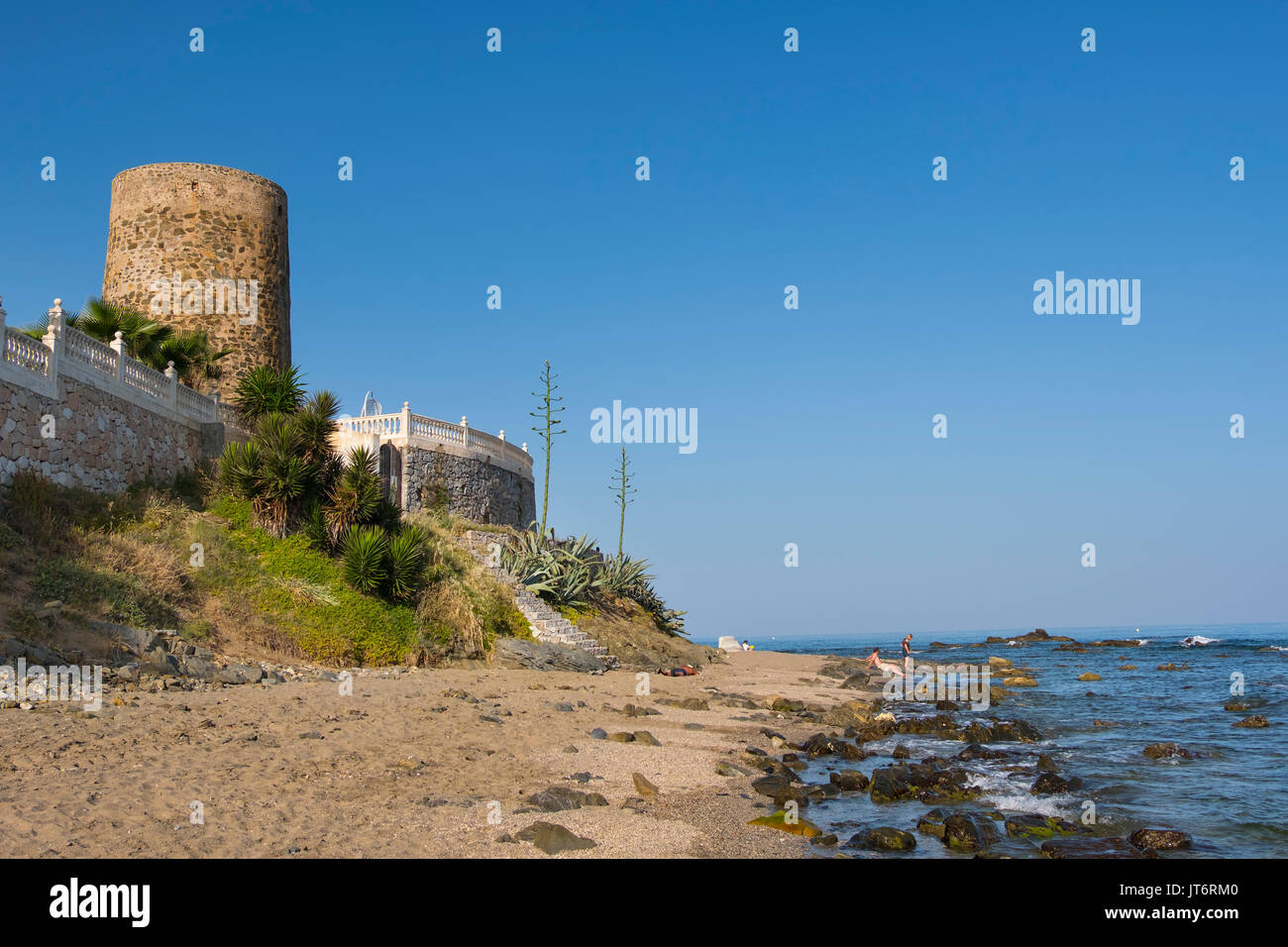 Watchtower and beach, La Cala de Mijas. Costa del Sol, Málaga province. Andalusia, Southern Spain Europe Stock Photo