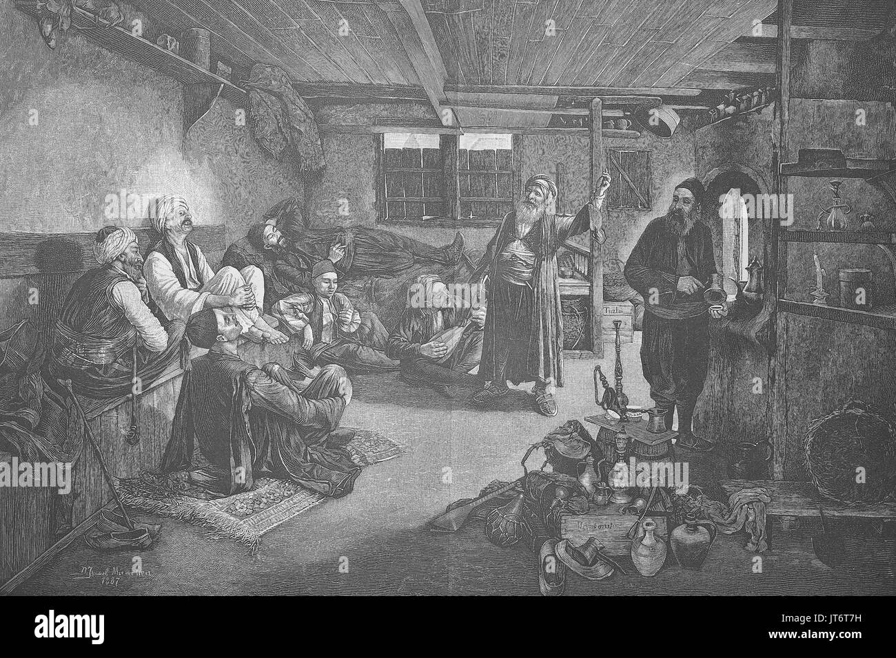 A cafe in Bosnia, native people sitting and relaxing, Digital improved reproduction of an image published between 1880 - 1885 Stock Photo