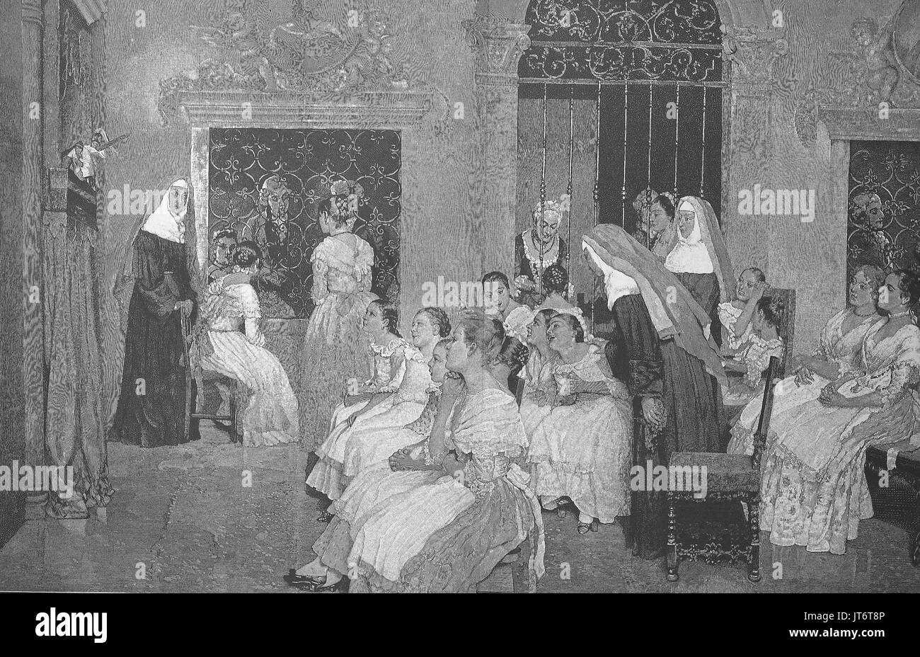 Puppet theater in the monastery, at the first international art exhibition in the artist's home was held from 1 April to 30 September 1882 at Vienna, Austria, Digital improved reproduction of an image published between 1880 - 1885 Stock Photo