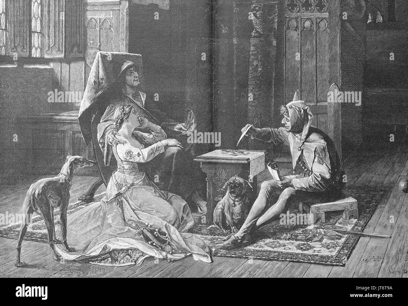 King Charles VI of France. Amusement by a court jester, Charles VI, 1368 - 1422, called the Beloved and the Mad, was King of France from 1380 to his death, Digital improved reproduction of an image published between 1880 - 1885 Stock Photo
