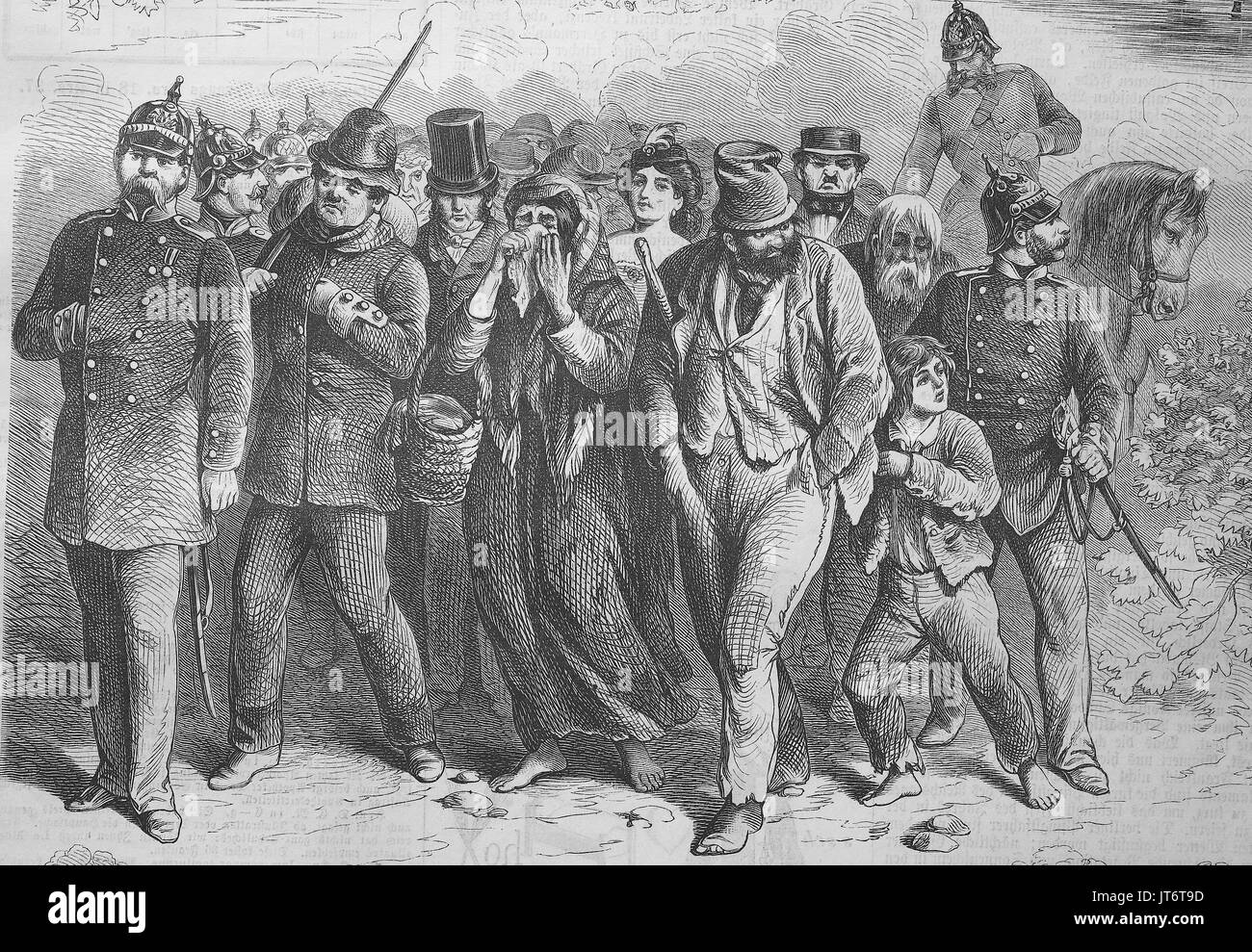 A raid in the Tiergarten of Berlin. Policemen have arrested beggars and vagrants, Germany, Digital improved reproduction of an image published between 1880 - 1885 Stock Photo