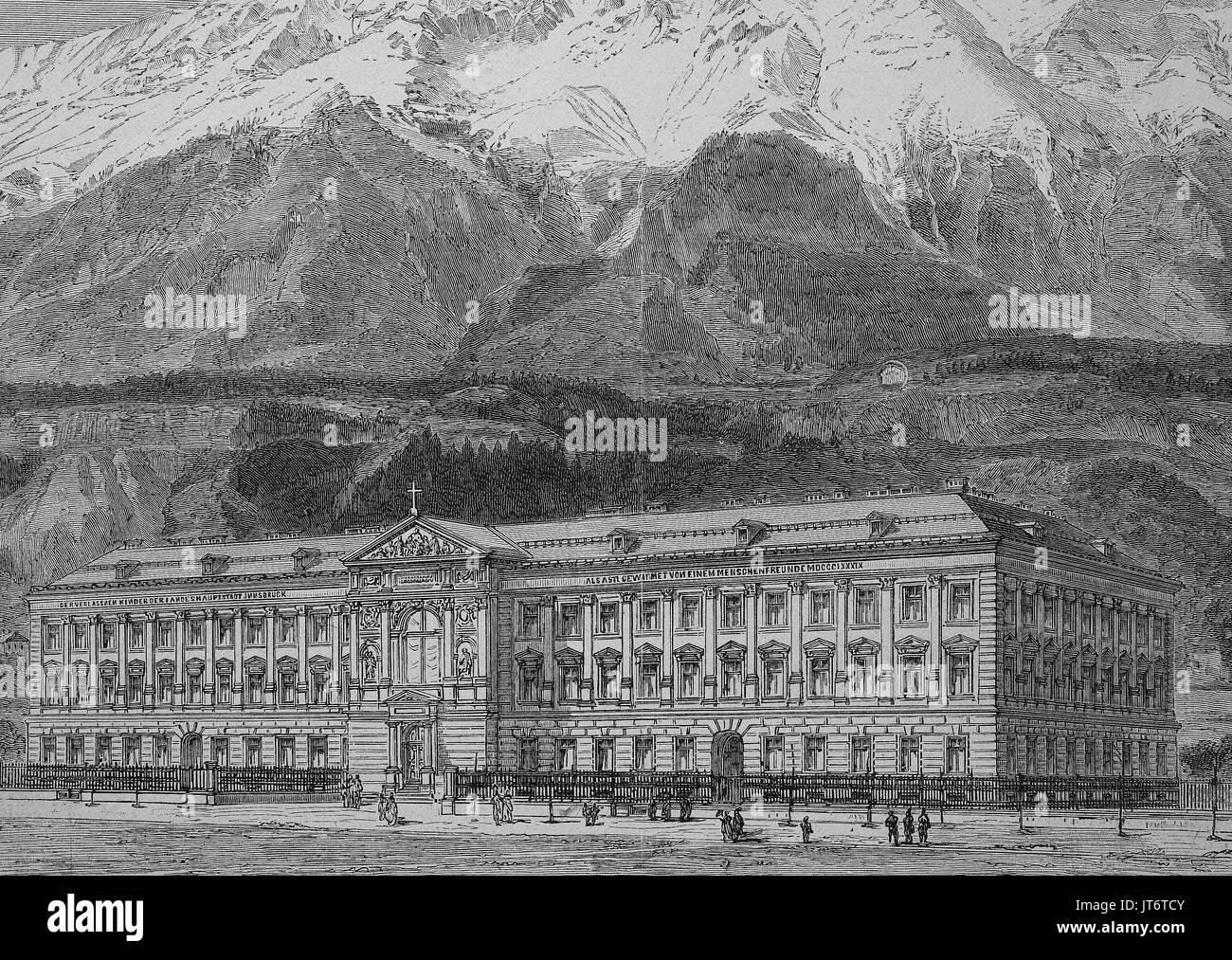 The orphanage of Sieberer in Innsbruck, Austria, Digital improved reproduction of an image published between 1880 - 1885 Stock Photo