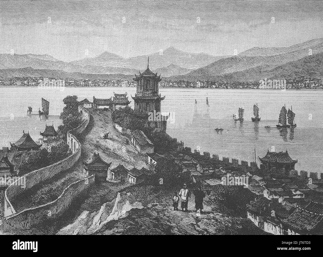 river Yangtze near Wu-Tschang-Fu, with Pagoda and temple, China, Digital improved reproduction of an image published between 1880 - 1885 Stock Photo