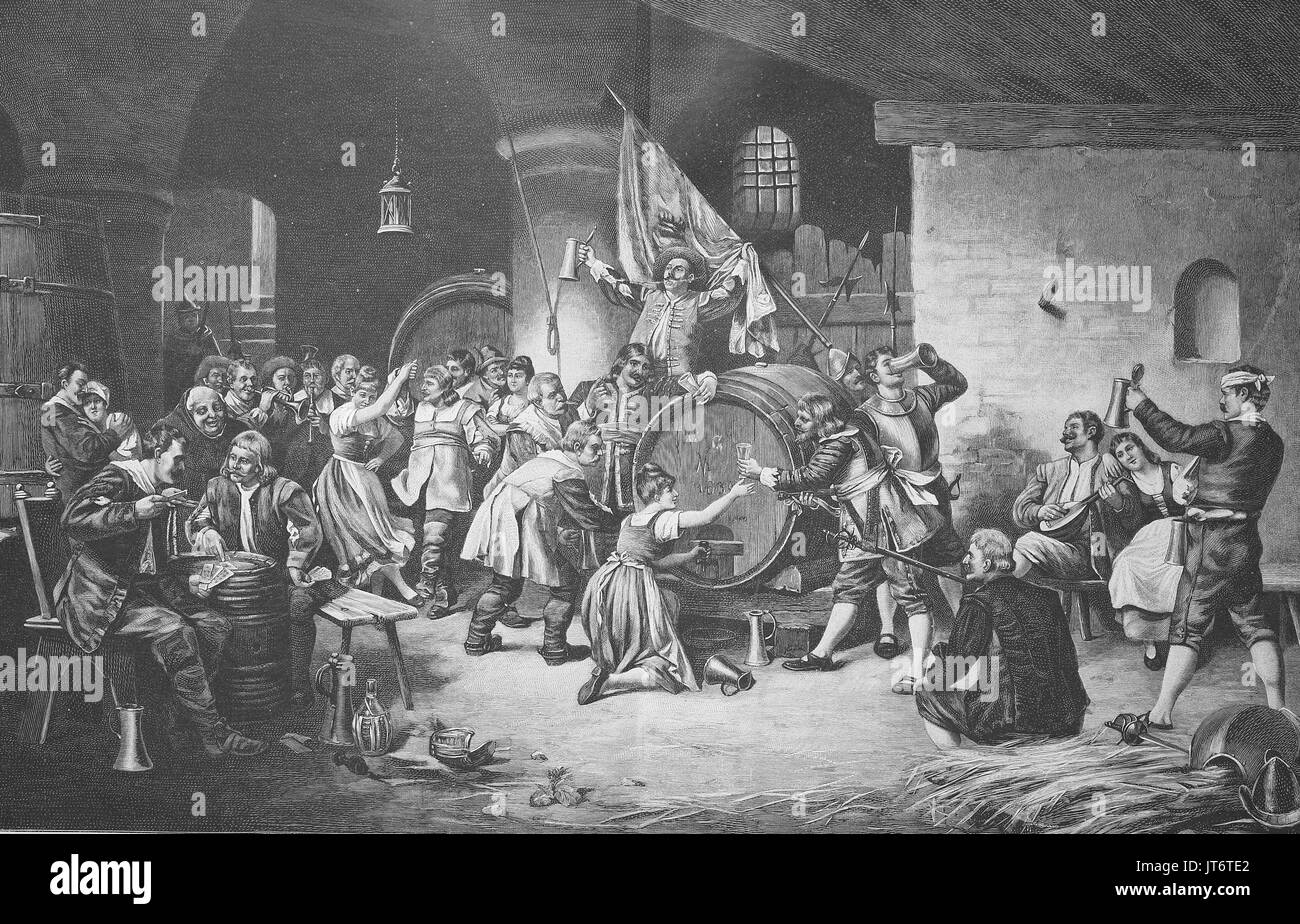 Landsknechte, soldiers, celebrate in an inn with a large wine barrel, Digital improved reproduction of an image published between 1880 - 1885 Stock Photo