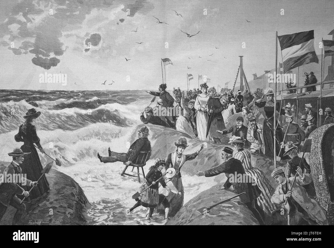 Summer vacationers on the beach of Westerland on Sylt, Germany, high waves, Digital improved reproduction of an image published between 1880 - 1885 Stock Photo