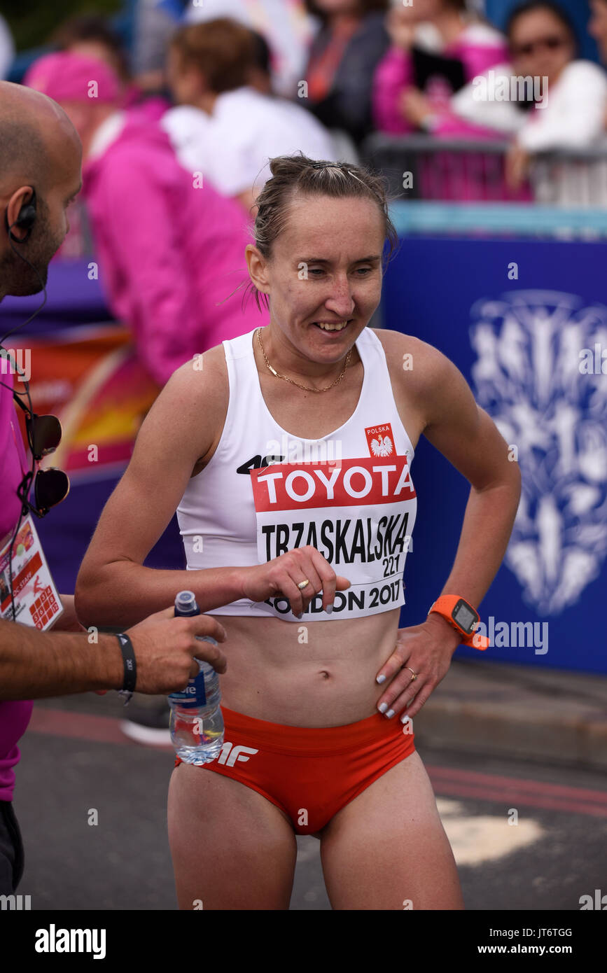 Izabela Trzaskalska of Poland crossing the finish line at the end of the IAAF World Championships 2017 Marathon race in London, UK Stock Photo