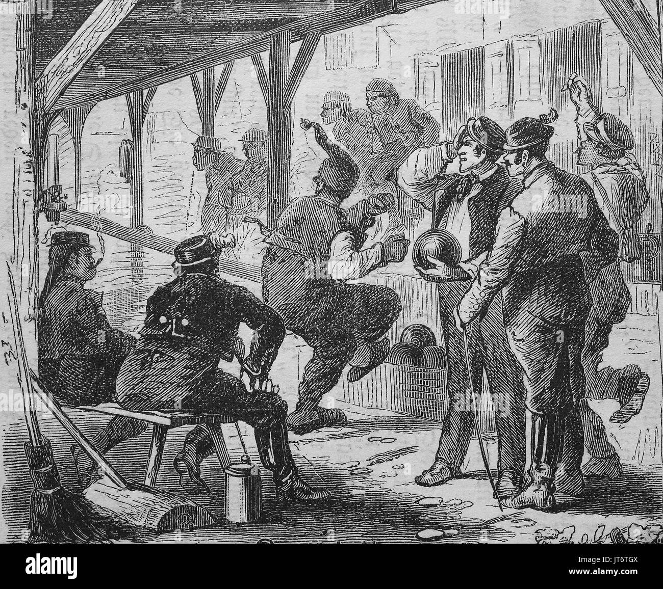 Kermesse, kermis, kirmess, Kirchweih festival in upper Bavaria, Germany, The bowling alley, Digital improved reproduction of an image published between 1880 - 1885 Stock Photo