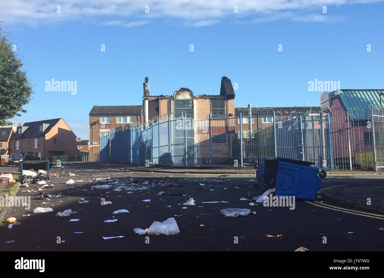 General view of the Markets area of Belfast, where Police have been attacked and cars torched by masked youths apparently angered by the removal of wood from the site of a nationalist bonfire in Belfast. Stock Photo