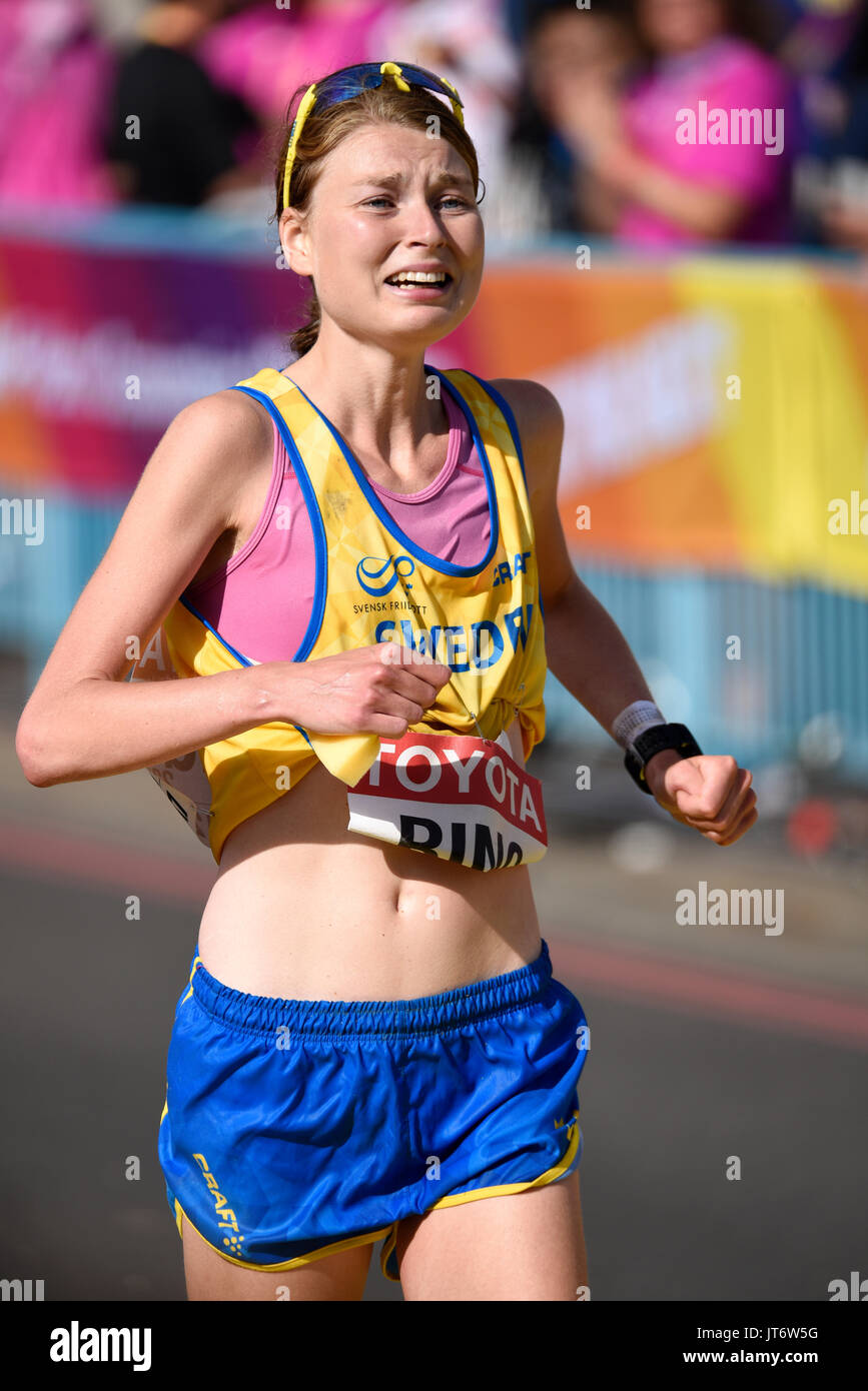 Lisa Ring of Sweden crossing the finish line at the end of the IAAF World  Championships 2017 Marathon race in London, UK. Space for copy Stock Photo  - Alamy