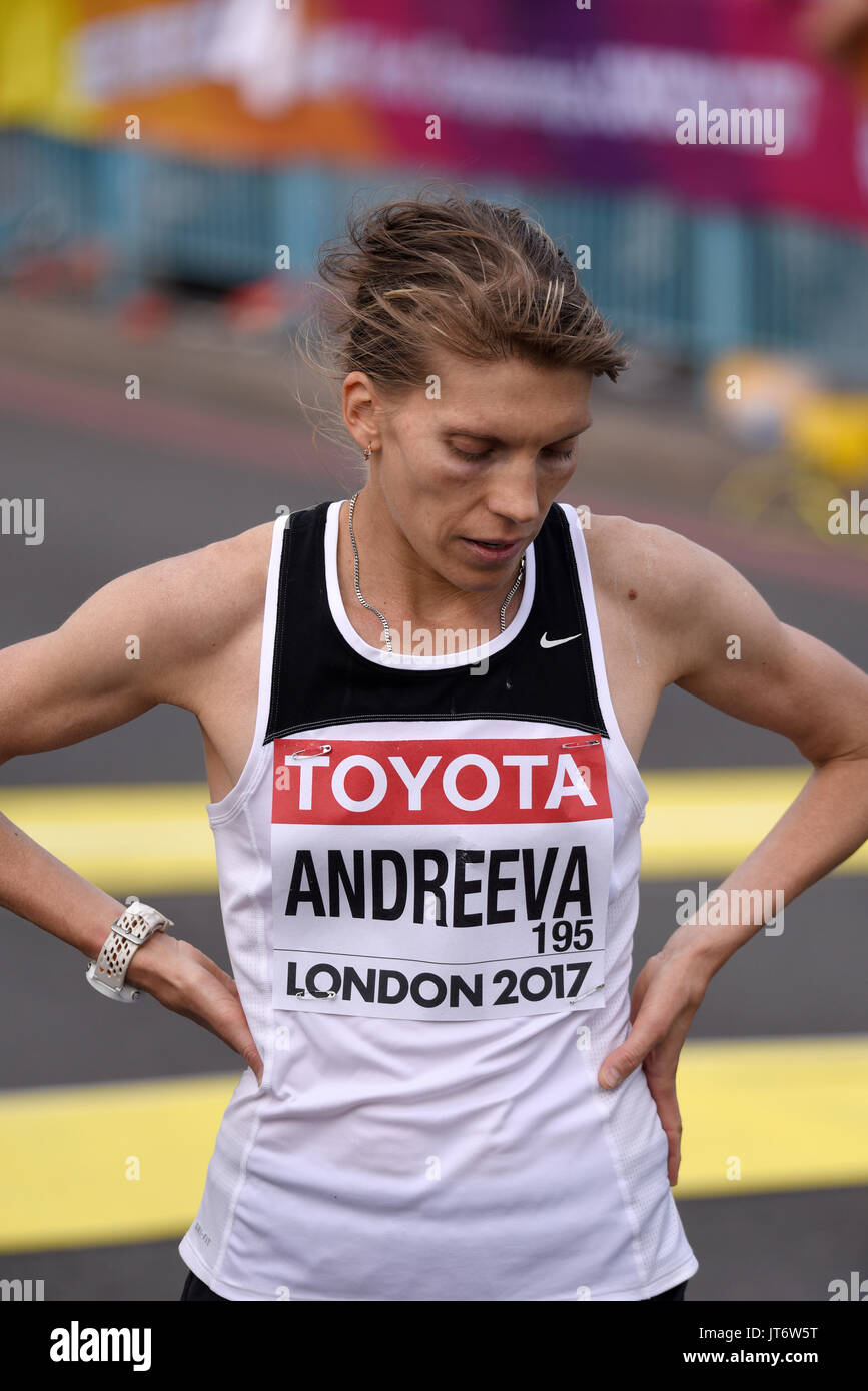 Luliia Andreeva of Kyrgyzstan crossing the finish line at the end of the IAAF World Championships 2017 Marathon race in London, UK Stock Photo