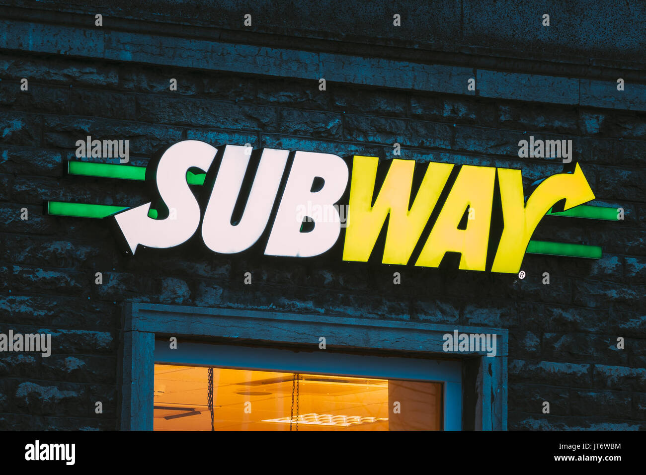 Tallinn, Estonia - December 3, 2016: Logo Of Subway Is A Fast Food Restaurant Was Founded In Bridgeport, Connecticut, U.S. Stock Photo