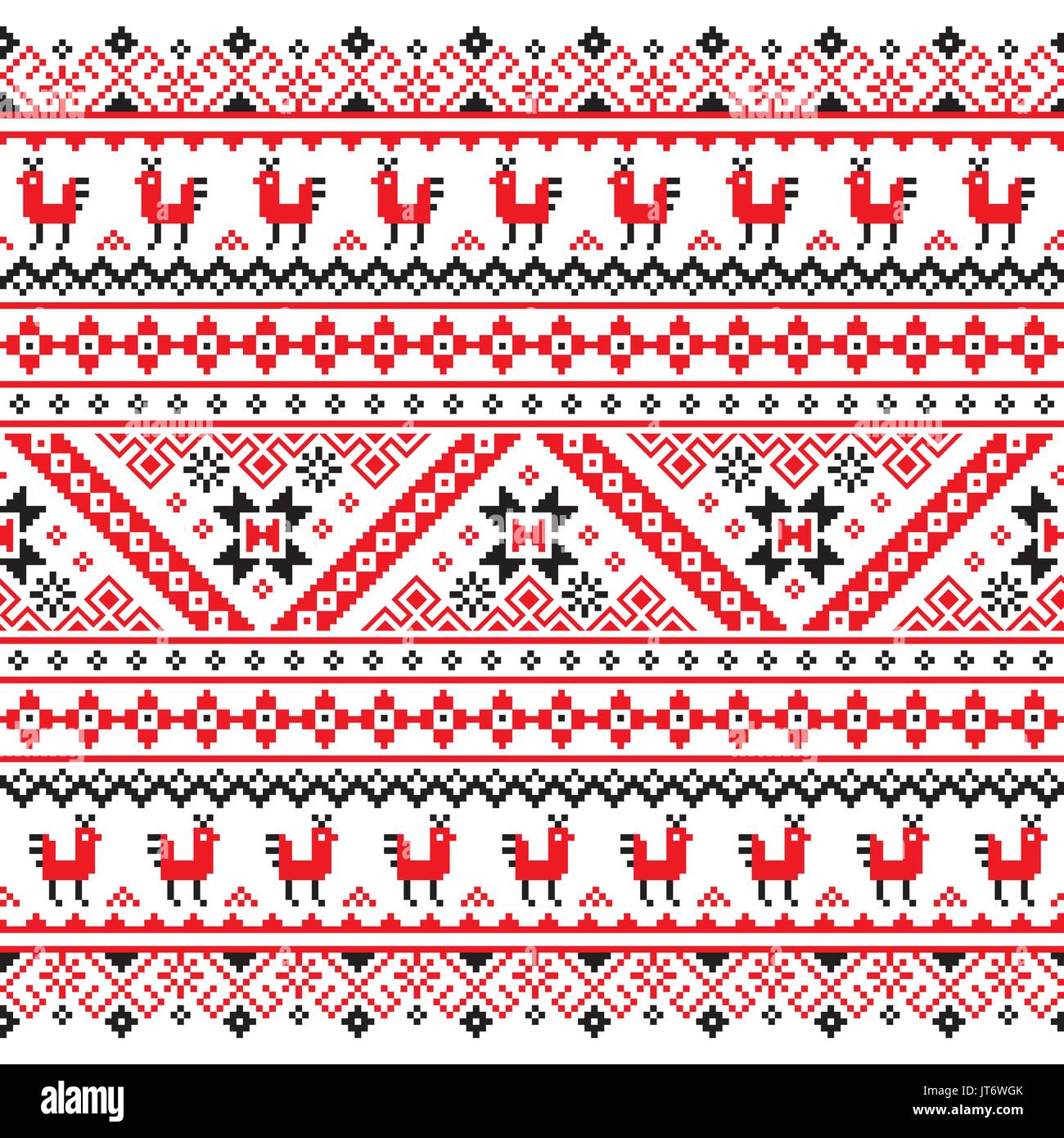 Ukrainian, Belarusian red and black embroidery seamless pattern - Vyshyvanka Stock Vector