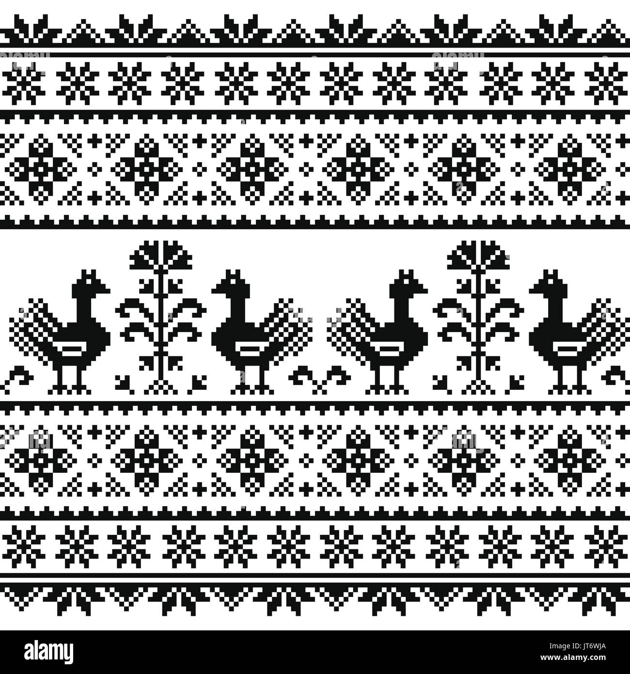Ukrainian or Belarusian, Slavic folk art knitted black embroidery pattern with birds Stock Vector