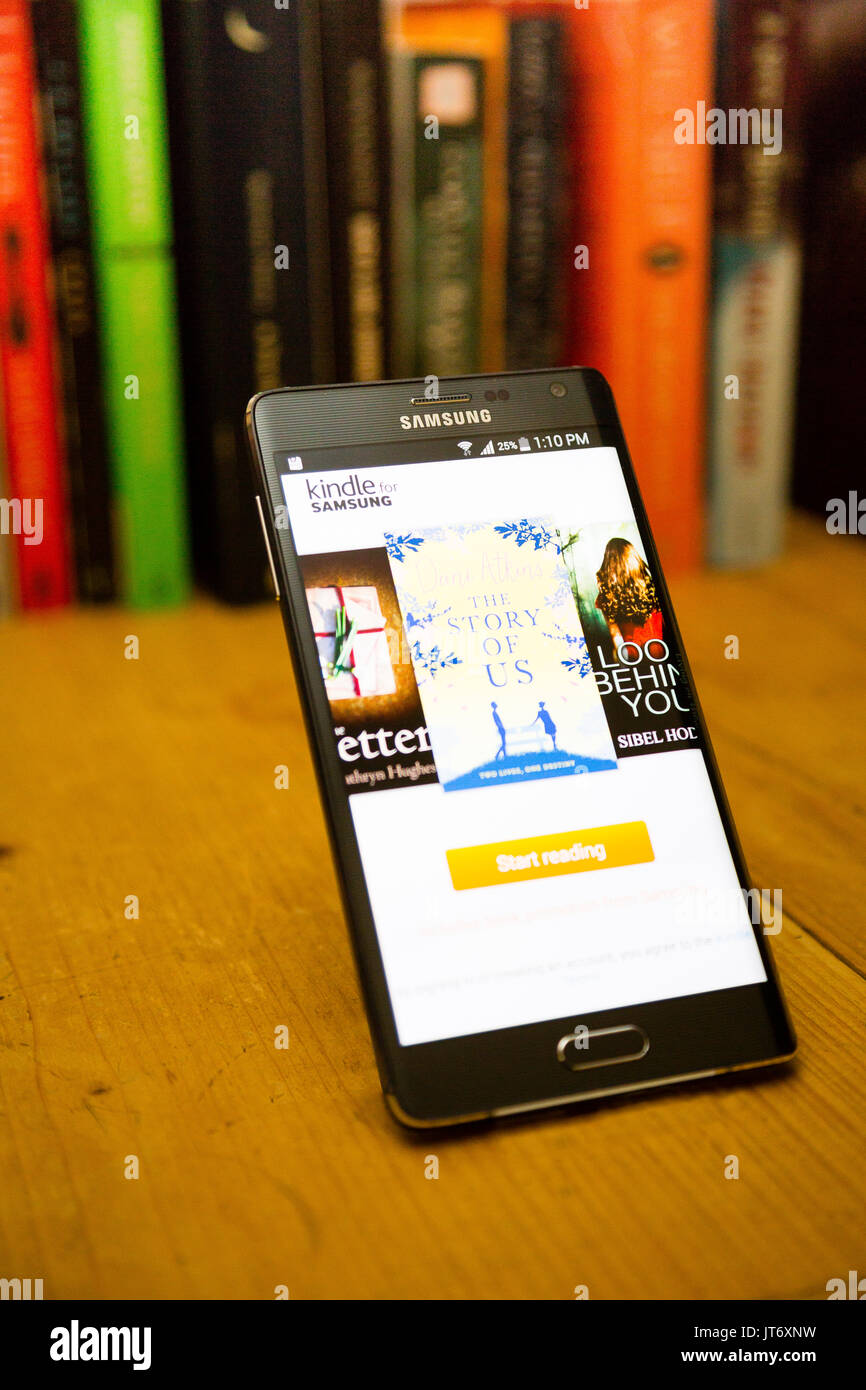 London, UK. Samsung Edge smartphone running the Amazon Kindle for Samsung App. Stock Photo