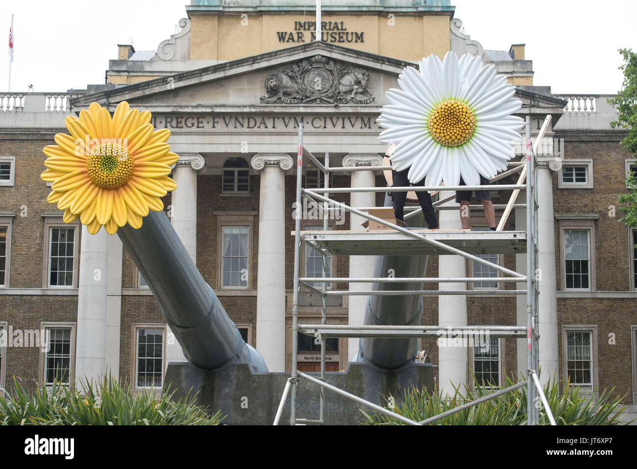 The final adjustments are made to flowers which have been temporarily placed on the 15-inch naval guns positioned in front of the Imperial War Museum, London, to mark the final weeks of IWM London's People Power: Fighting for Peace exhibition. Stock Photo