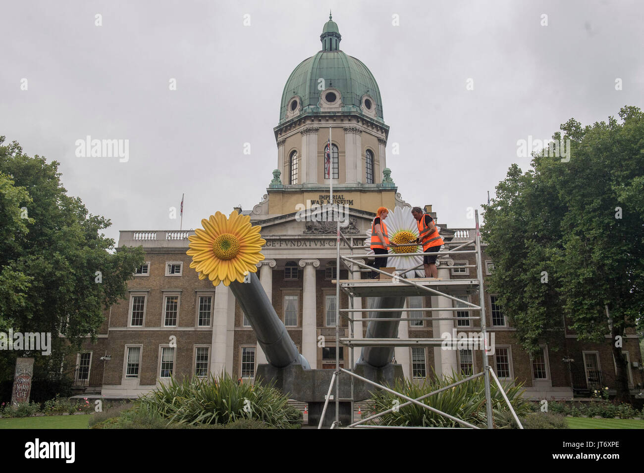 The final adjustments are made to flowers which have been temporarily placed on the 15-inch naval guns positioned in front of the Imperial War Museum, London, to mark the final weeks of IWM London's People Power: Fighting for Peace exhibition. Stock Photo