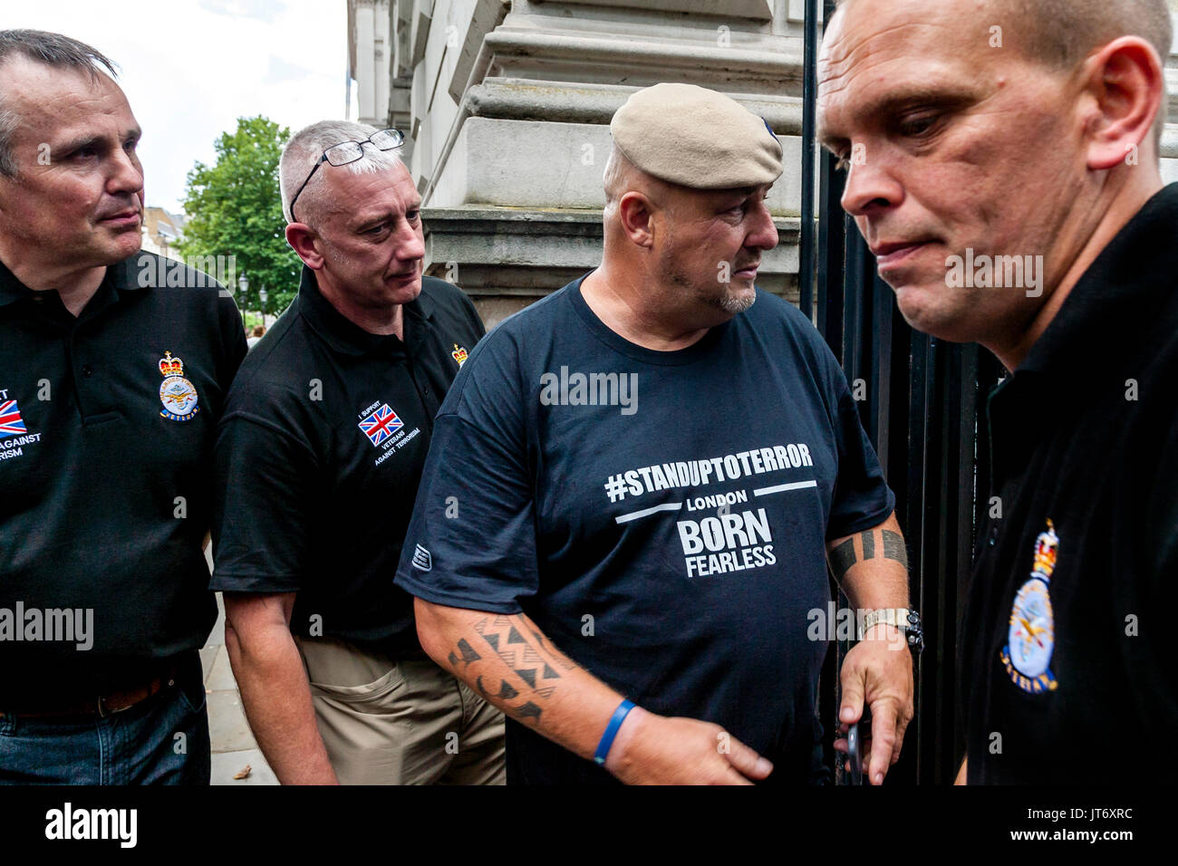 Phil Campion A Former British Army SAS Soldier Outside Downing Street Demanding That The Government Do More To Combat Islamic Terrorism Stock Photo