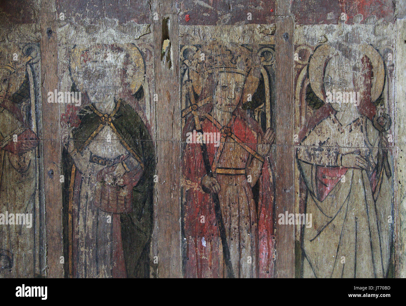 Medieval rood screen paintings, St Andrew church, Westhall, Suffolk, England, UK Stock Photo