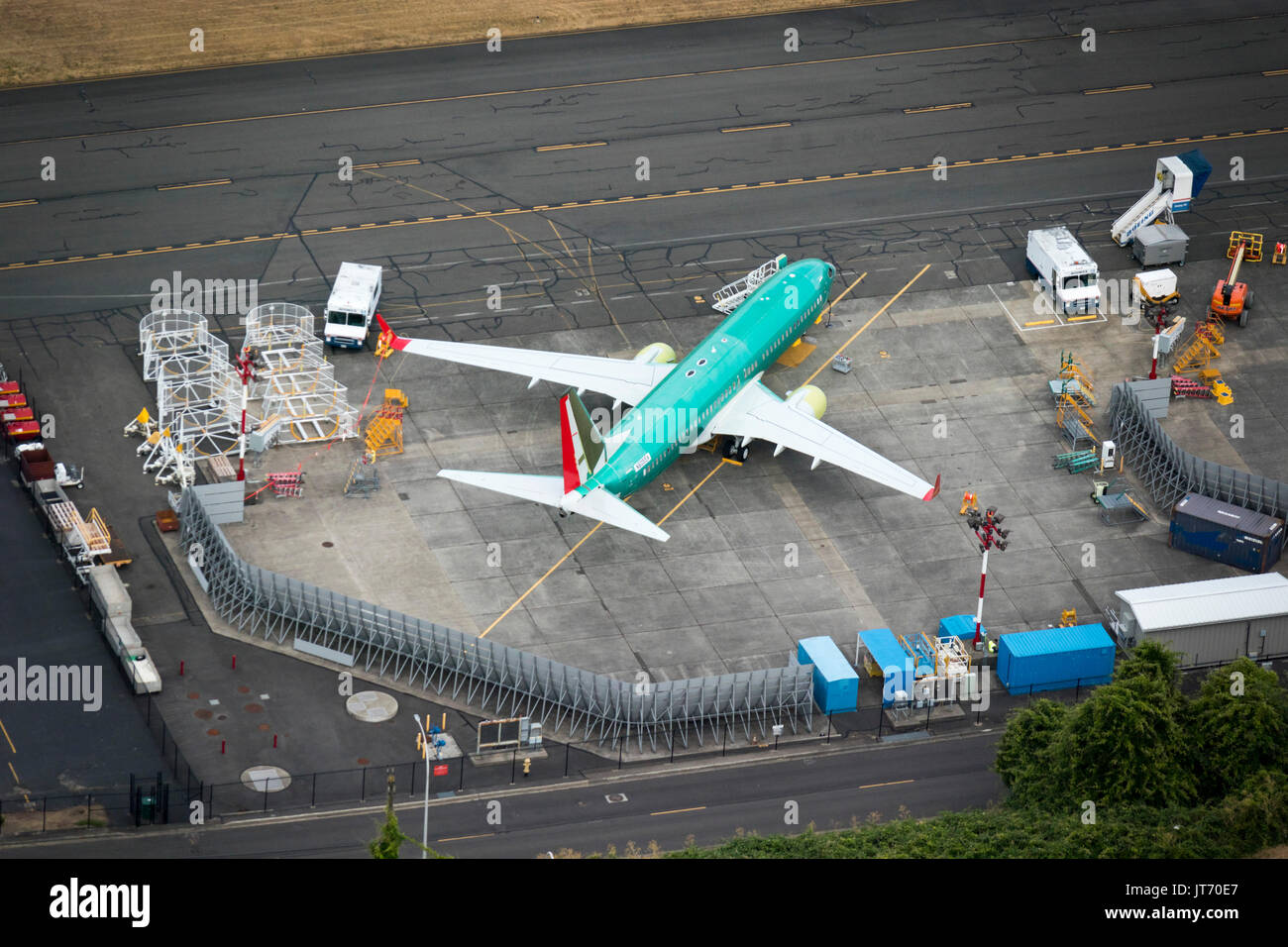 Aerial view of Boeing 737-8 MAX airplane under construction at Renton factory, Washington State, USA Stock Photo