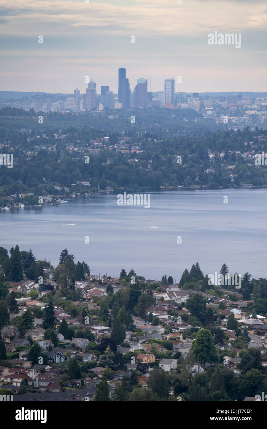 aerial view from Bryn-Mawr Skyway towards Lake Washington and downtown Seattle, USA Stock Photo