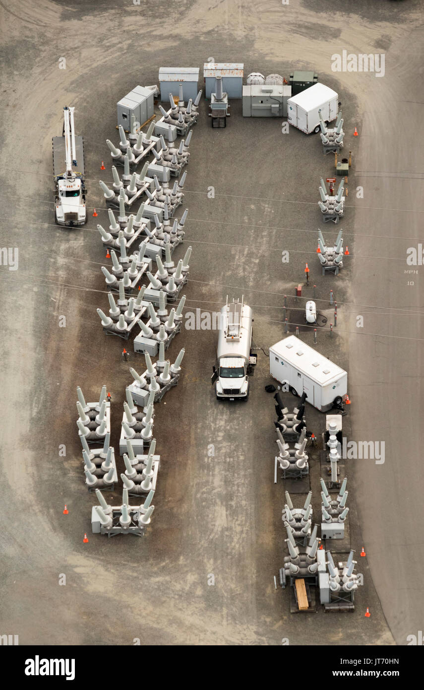 aerial view of trucks and dead tank circuit breakers, Renton, Washington State, USA Stock Photo