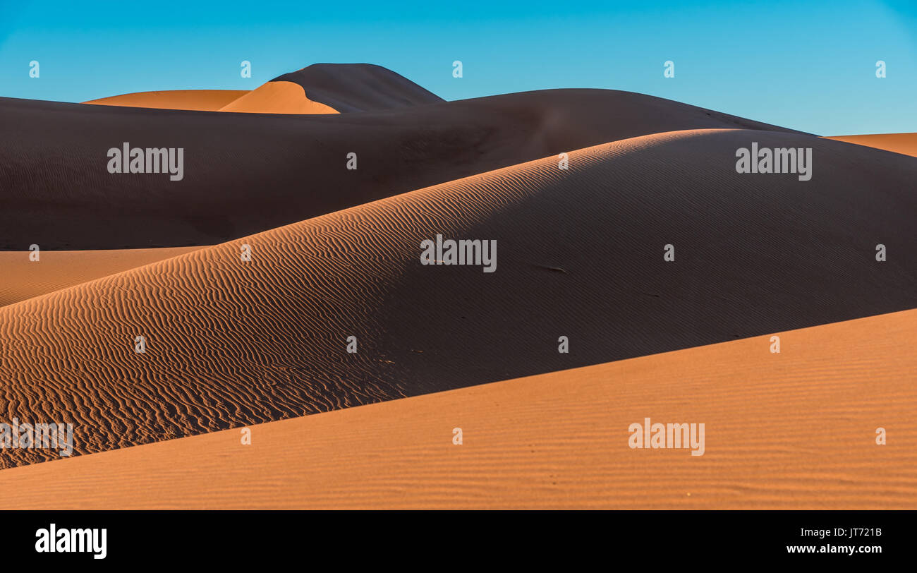 Orange sand dunes in Erg Chigaga with shadows and blue sky, Morocco Stock Photo
