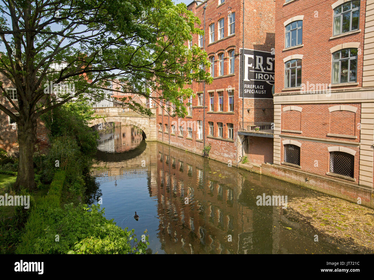 Calm blue waters of narrow River Foss flowing beside red brick walls of buildings and under arched bridge and trees in city of York, England Stock Photo