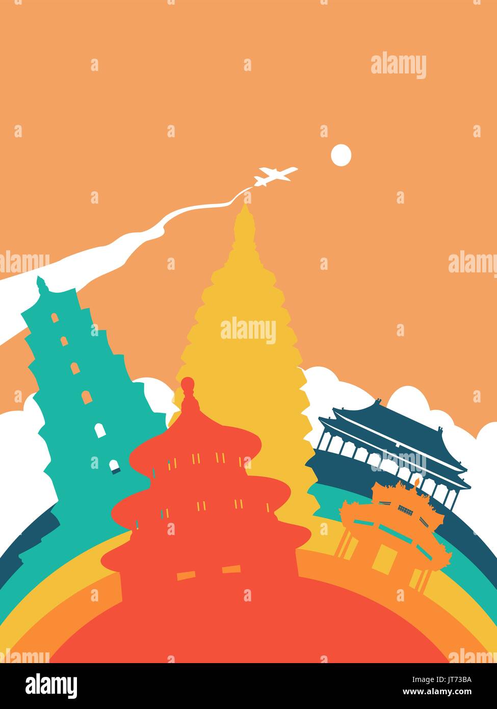 Travel China landscape illustration, Chinese world landmarks. Includes forbidden city, heaven temple, ancient pagodas. EPS10 vector. Stock Vector