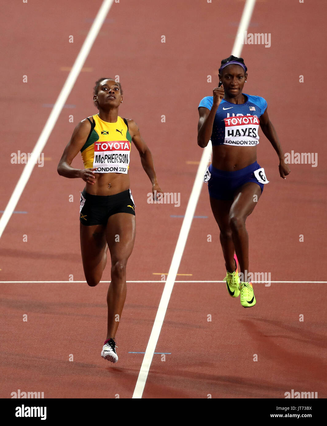 Jamaicas Stephenie Ann Mcpherson And Usas Quanera Hayes In Action In