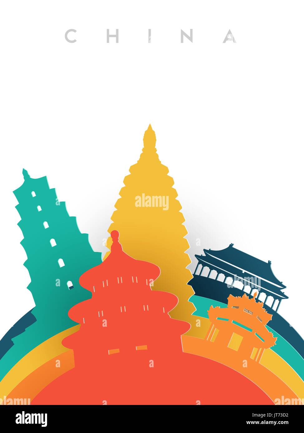 Travel China illustration in 3d paper cut style, Chinese world landmarks. Includes forbidden city, heaven temple, ancient pagodas. EPS10 vector. Stock Vector