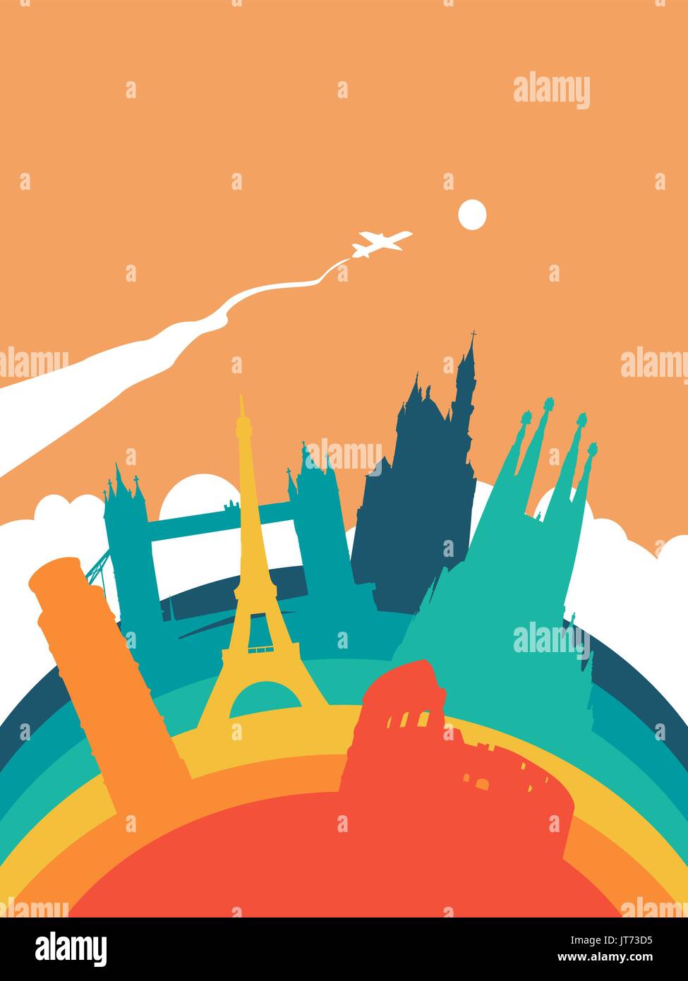 Travel Europe landscape illustration, European world landmarks. Includes Eiffel tower, London bridge, Rome coliseum. EPS10 vector. Stock Vector