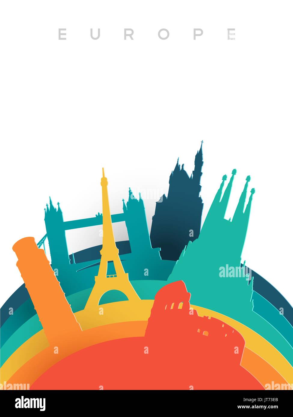 Travel Europe illustration in 3d paper cut style, European world landmarks. Includes Eiffel tower, London bridge, Rome coliseum. EPS10 vector. Stock Vector