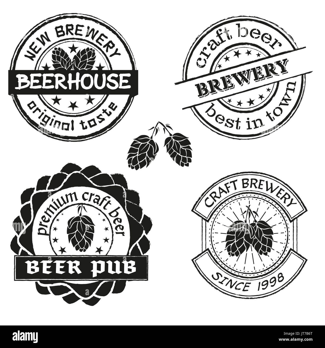 Vintage brewery logo, emblems and badges set. Collection of vintage brewing company labels. Vector illustration. Stock Photo